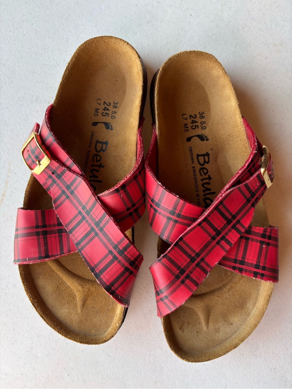 Betula by Birkenstock Women's Red Plaid Leather Adjustable Cork Sandals